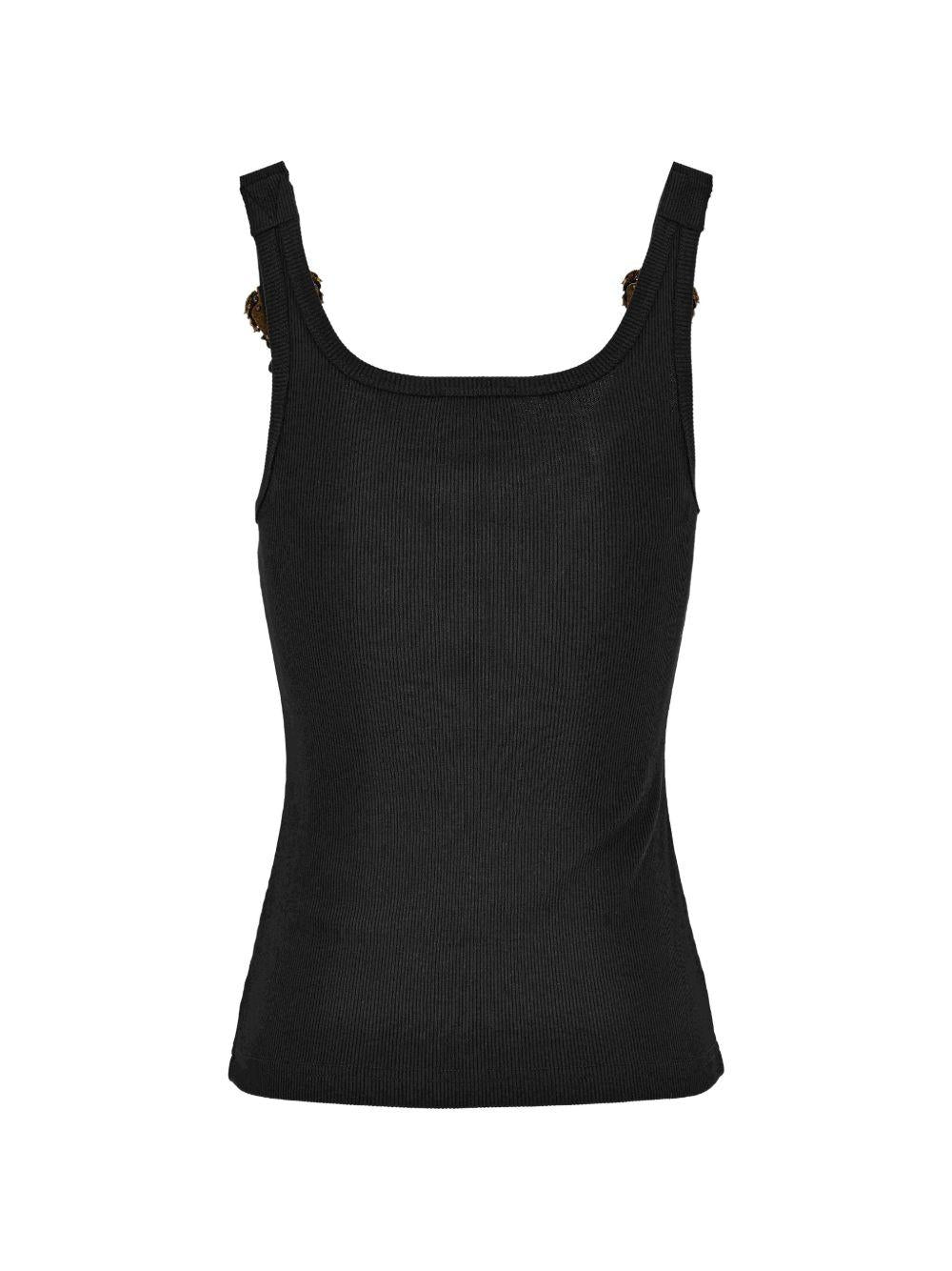 VERSACE JEANS COUTURE Top in cotone nero con fibbie oro 