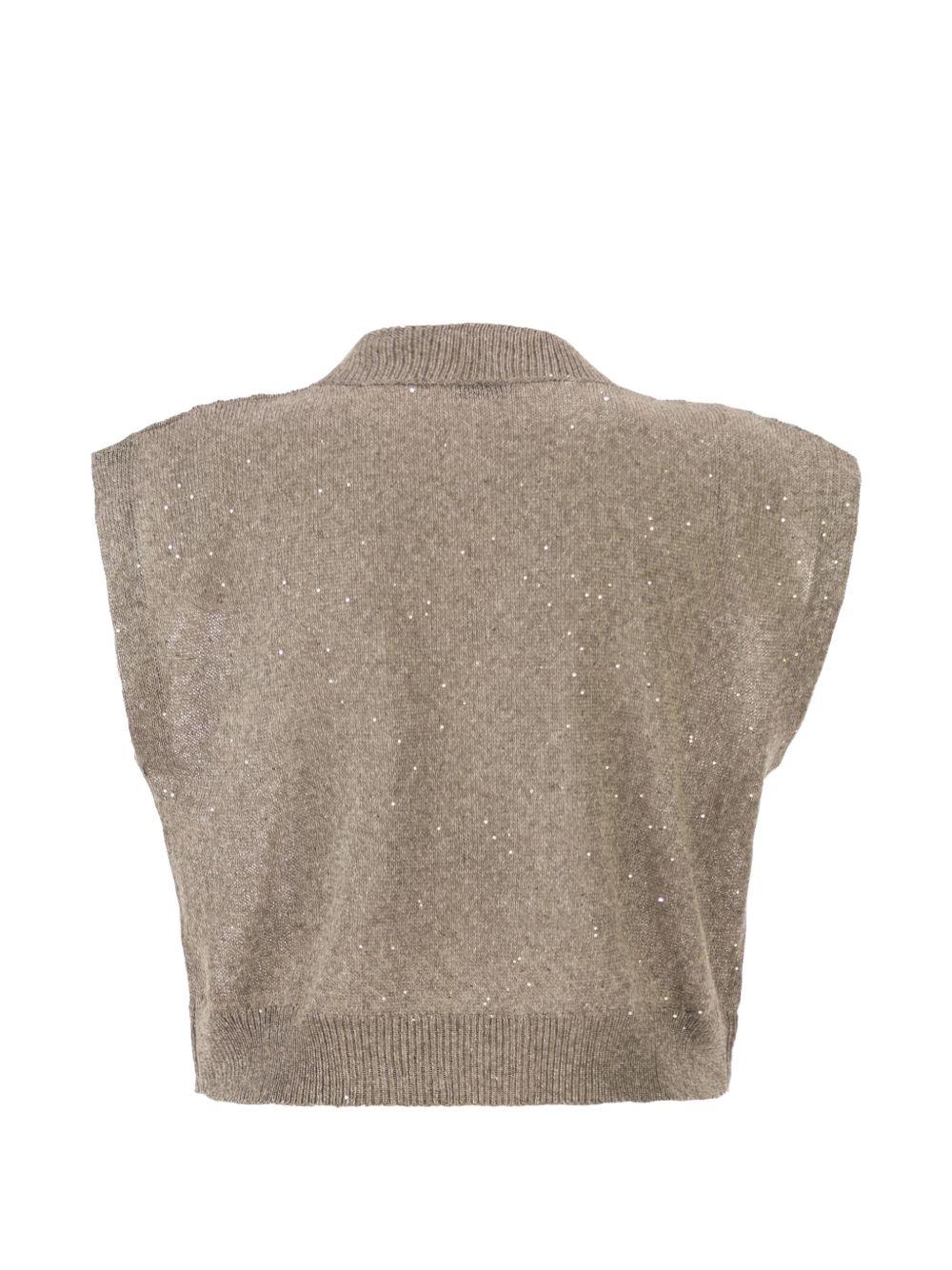 BRUNELLO CUCINELLI Gilet in maglia marrone con scollo a V e finiture a coste 