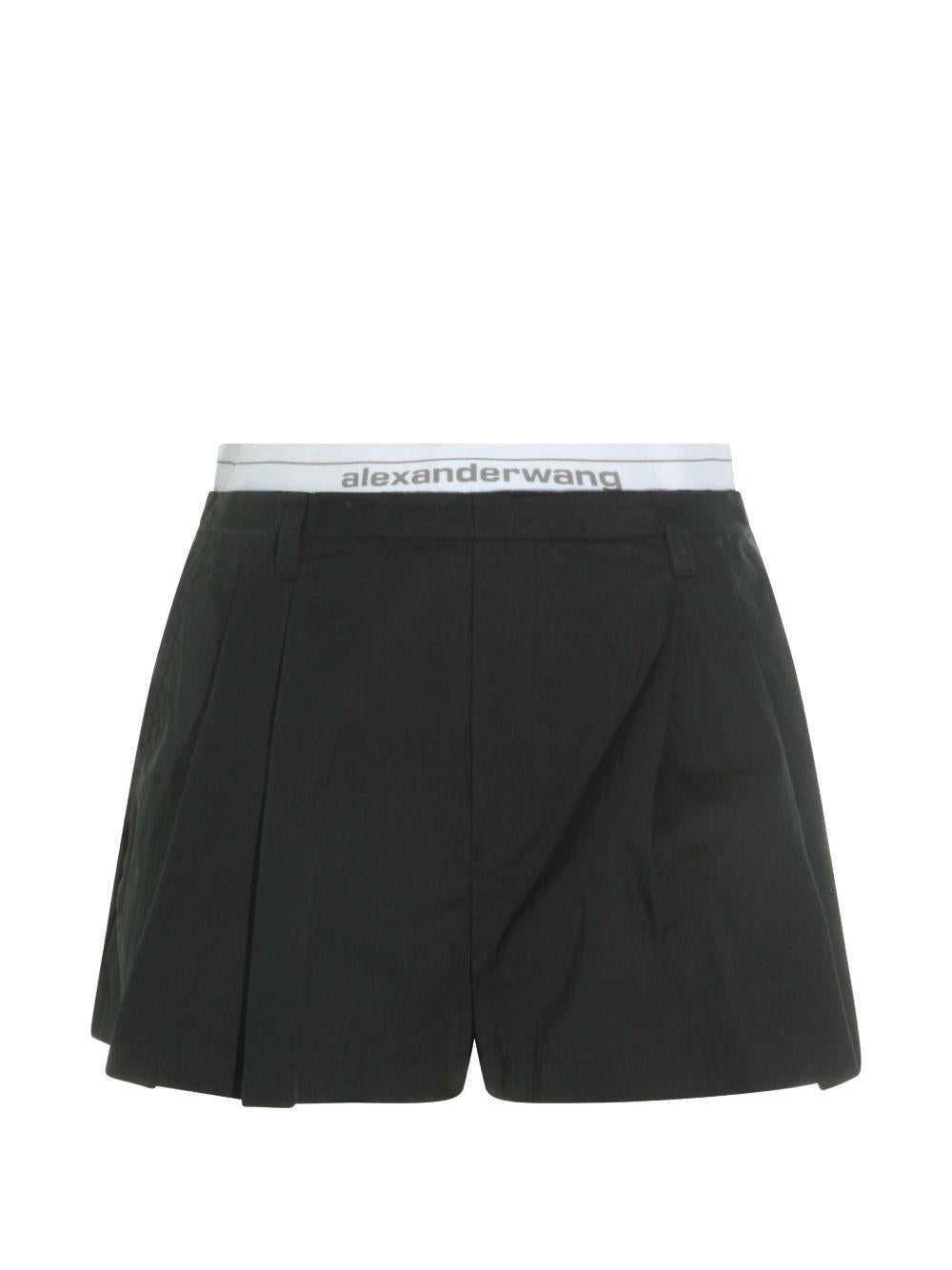 ALEXANDER WANG Pantaloncini plissettati neri in misto cotone con logo 
