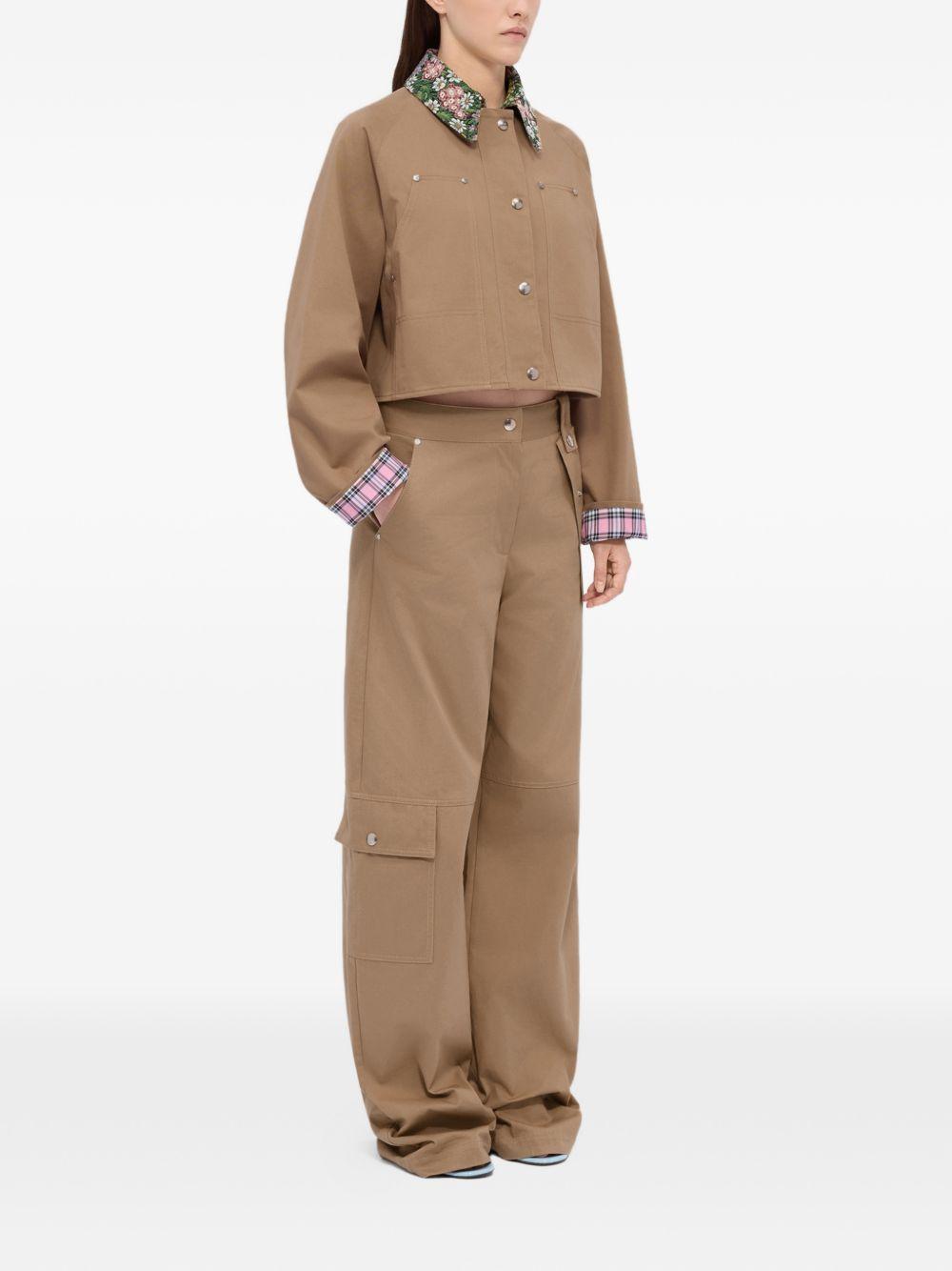 MSGM Giacca cropped in cotone marrone con dettagli floreali 
