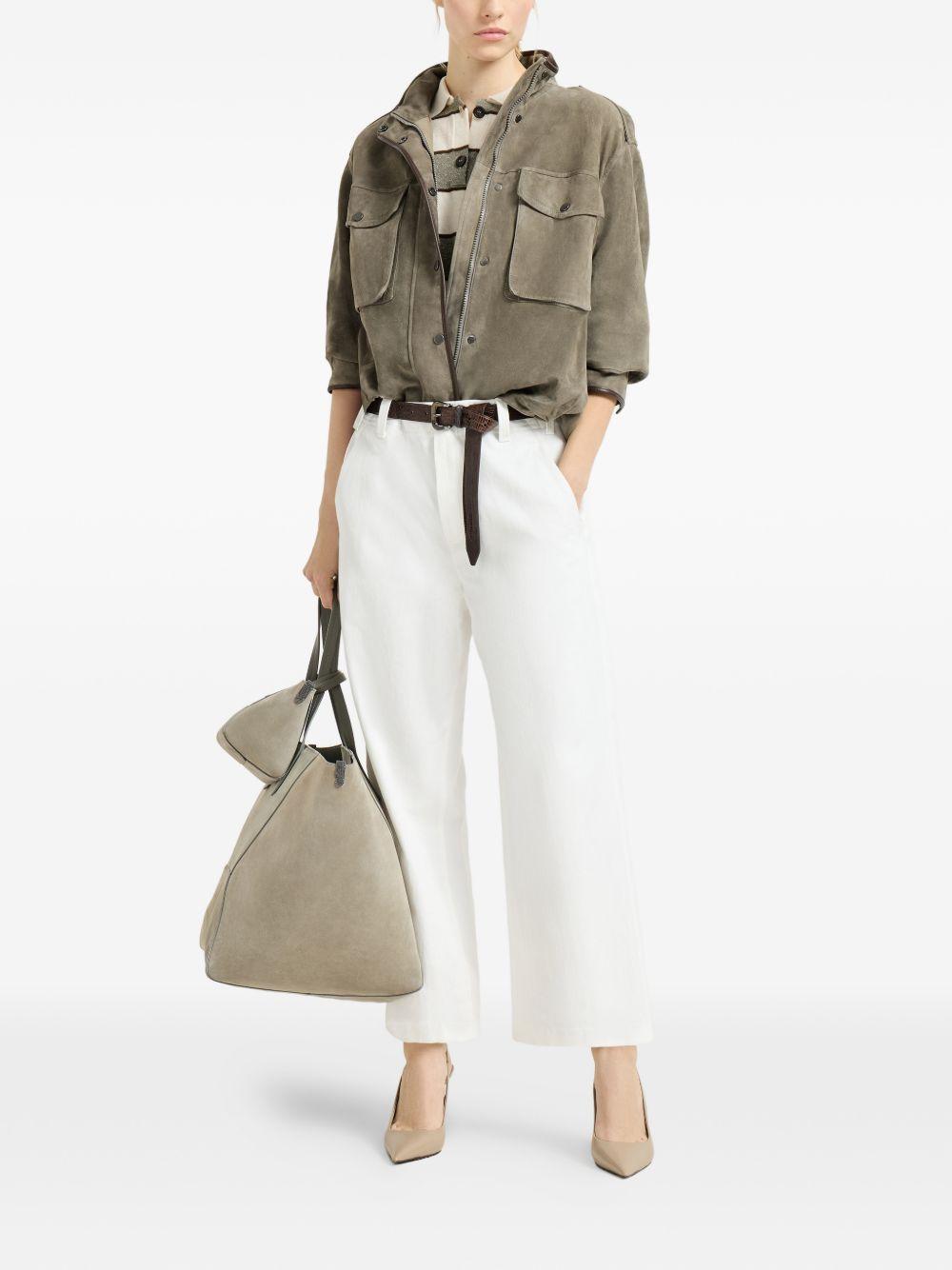 BRUNELLO CUCINELLI Giacca verde in suede con zip e bottoni 