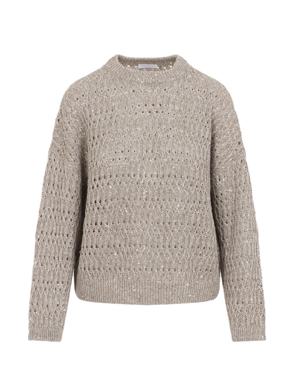 BRUNELLO CUCINELLI Maglia beige a trama larga con strass ricamati 
