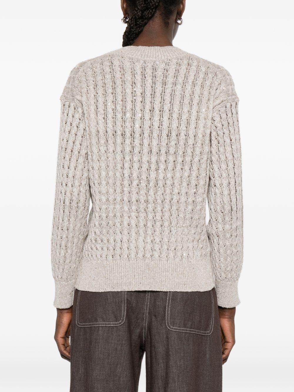 BRUNELLO CUCINELLI Maglia beige in cotone con paillettes scollo a V 