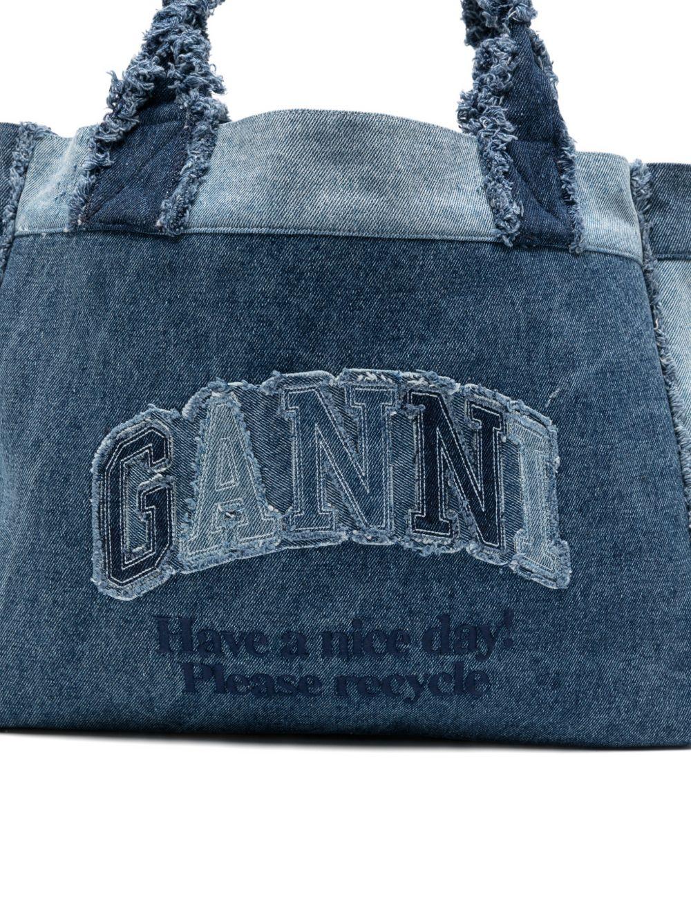 GANNI Borsa Shopping in denim di cotone blu con logo 