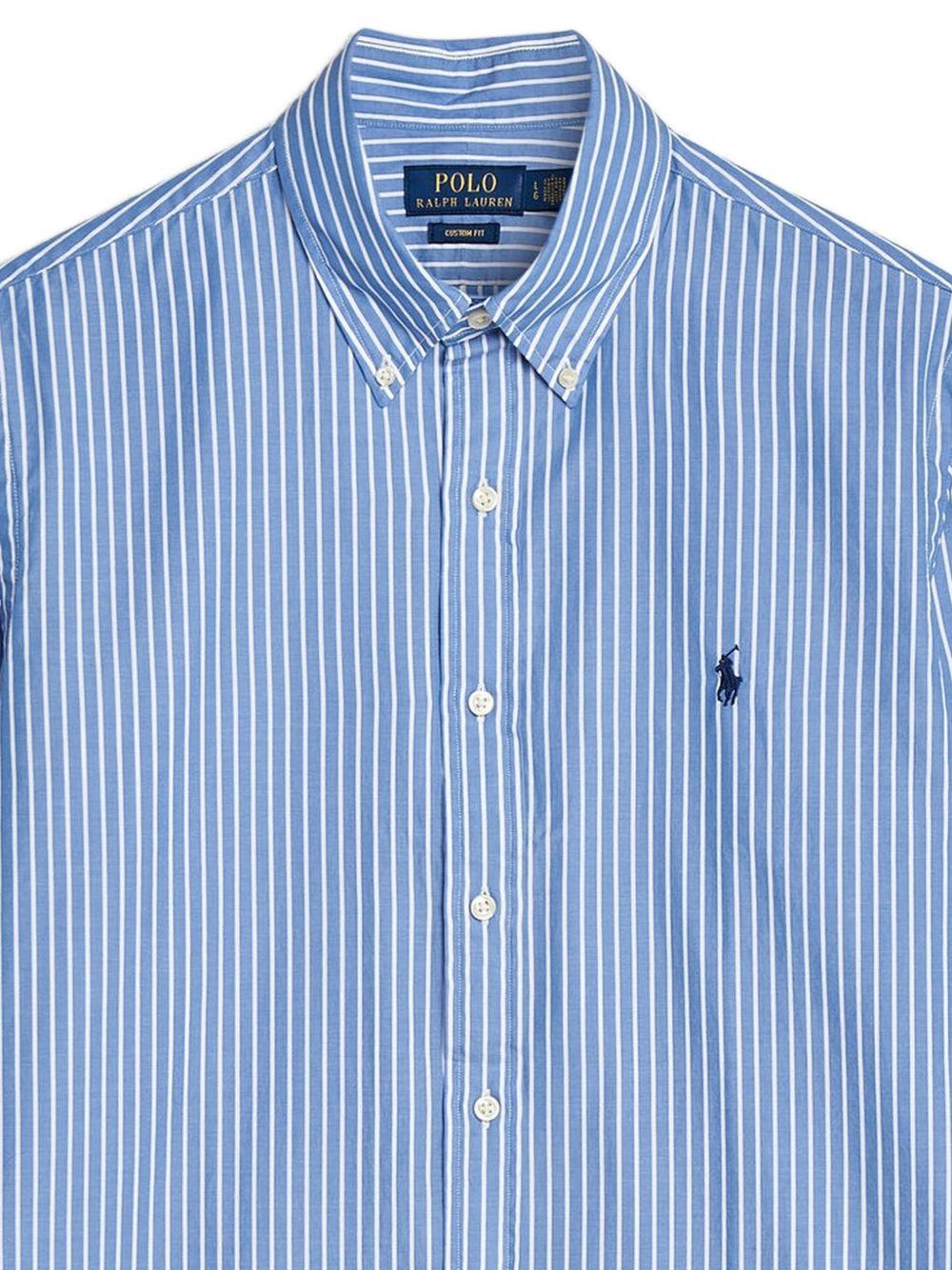 POLO RALPH LAUREN Camicia in cotone a righe bianche e azzurre con logo 