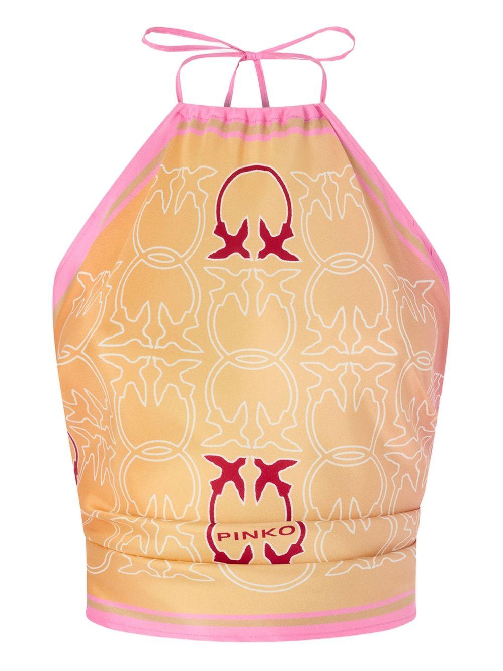 PINKO Top foulard rosa e arancione con logo 