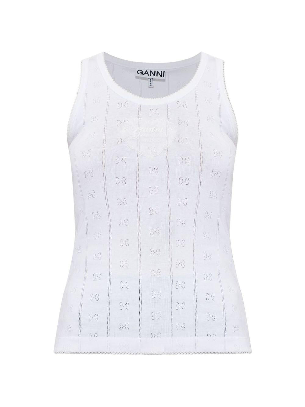 GANNI Top a coste traforate in jersey di cotone bianco 