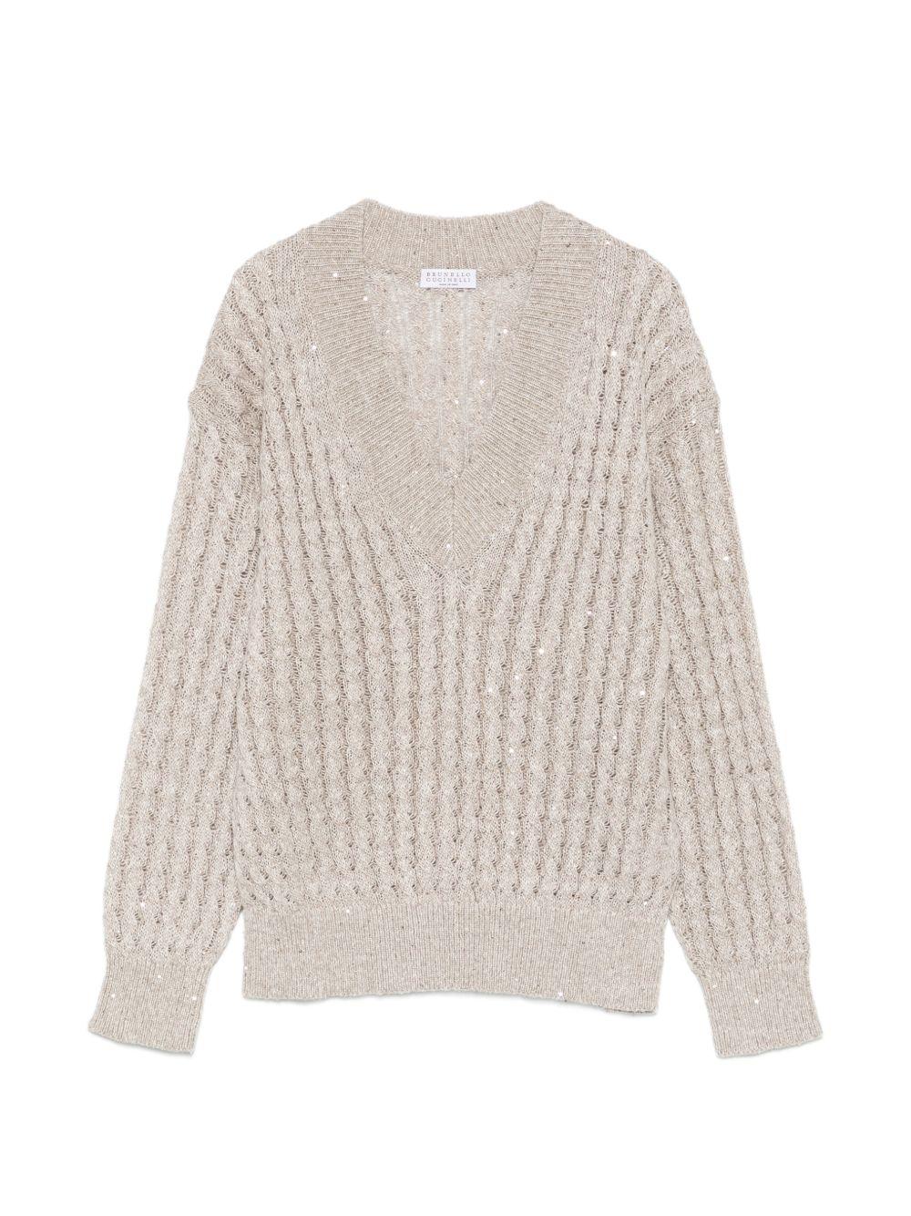 BRUNELLO CUCINELLI Maglia beige in cotone con paillettes scollo a V 