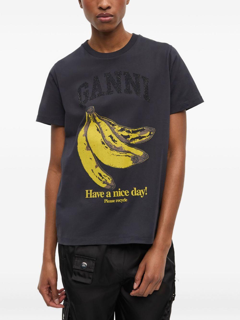 GANNI T-shirt girocollo in cotone con stampa banana 
