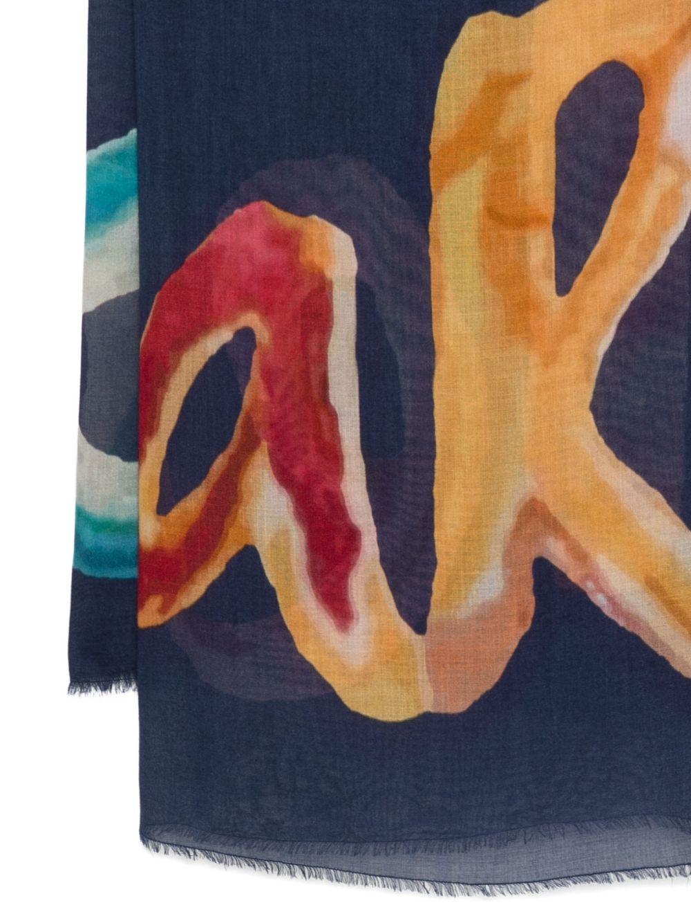 FALIERO SARTI Sciarpa foulard blu con stampa tipografica multicolore 