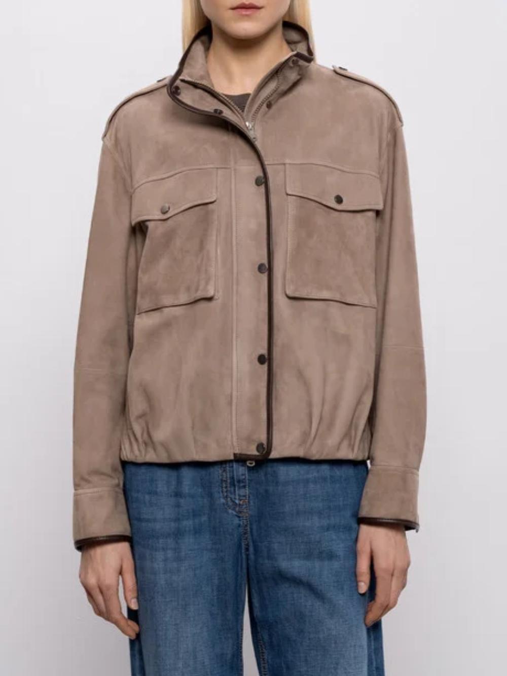 BRUNELLO CUCINELLI Giacca in suede marrone con spalline e tasche 