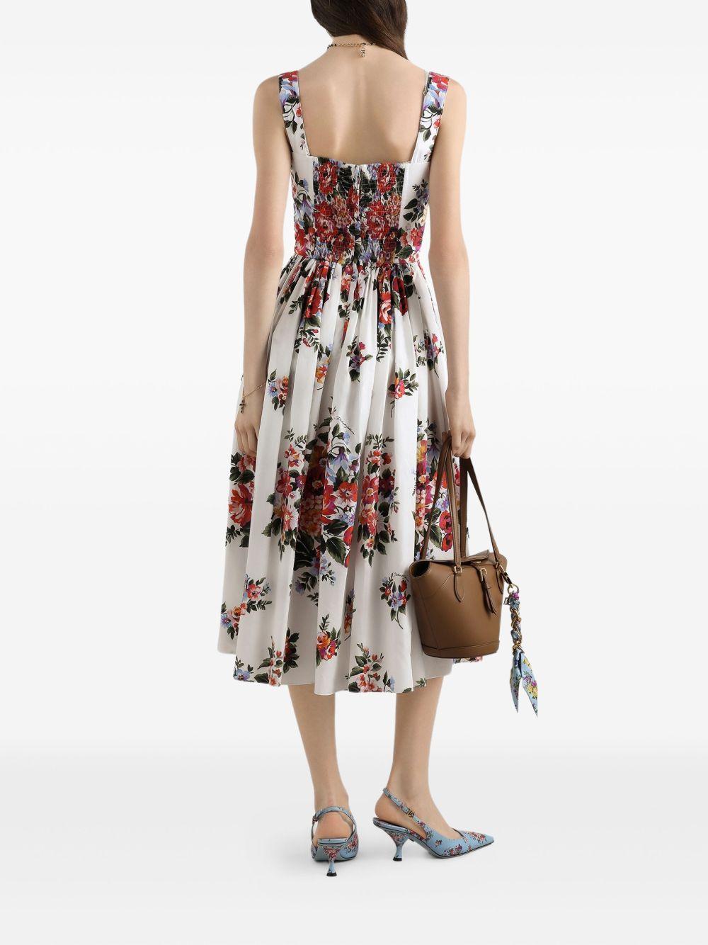 DOLCE e GABBANA Abito midi in cotone bianco con stampa floreale 