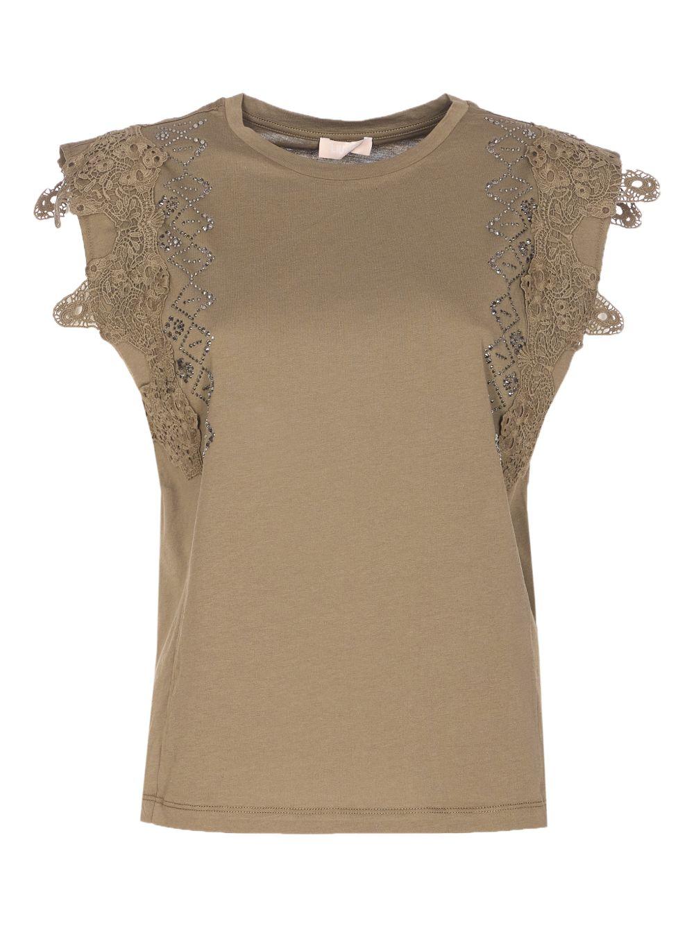 LIUJO T-shirt verde con ricami impreziosita da strass 