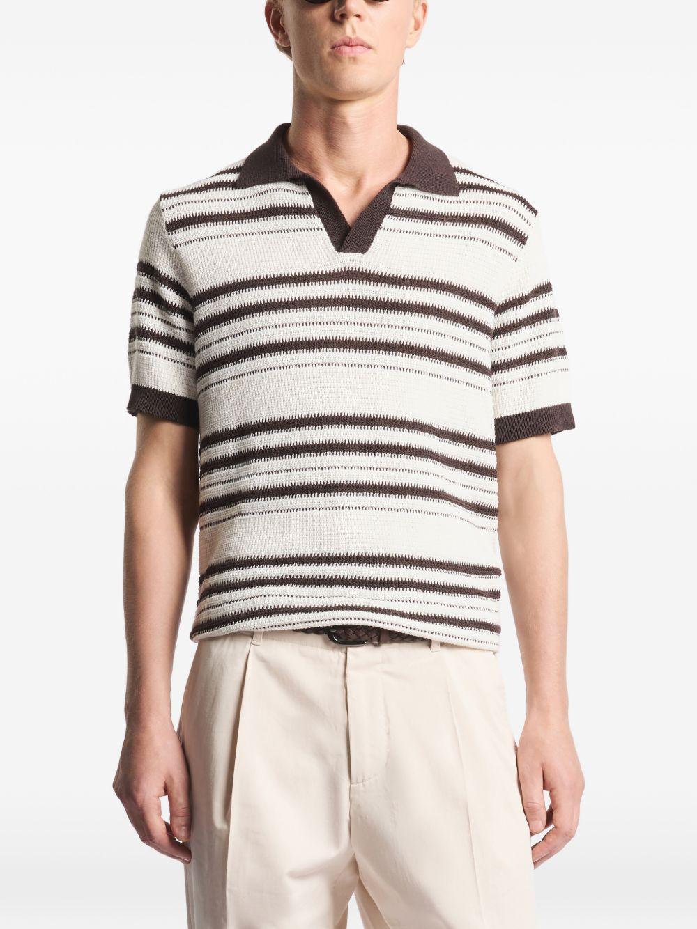 FAY Polo in maglia bianca e marrone a righe con scollo a V 