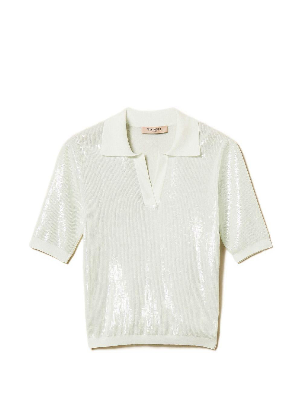TWINSET Polo con paillettes in cotone verde acqua 
