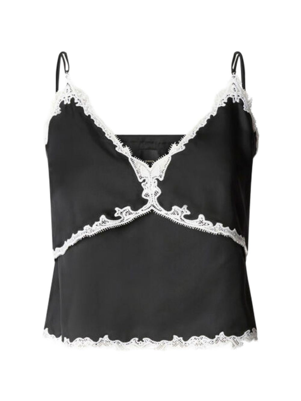 PINKO Top Canazei nero con spalline sottili e pizzo a contrasto 