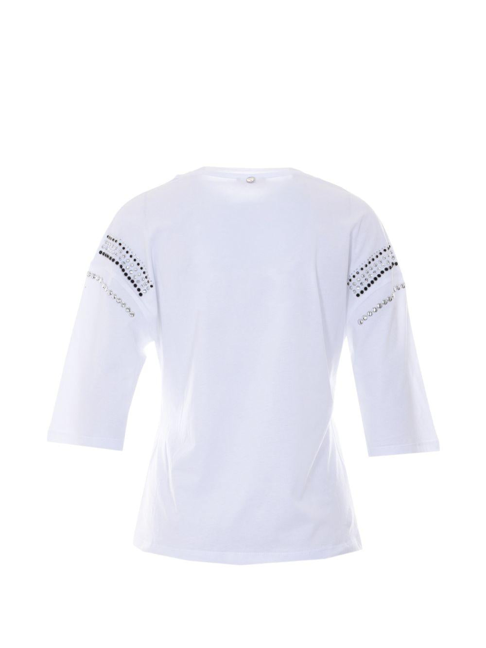 LIUJO T-shirt bianca con borchiette e maniche a 3/4 