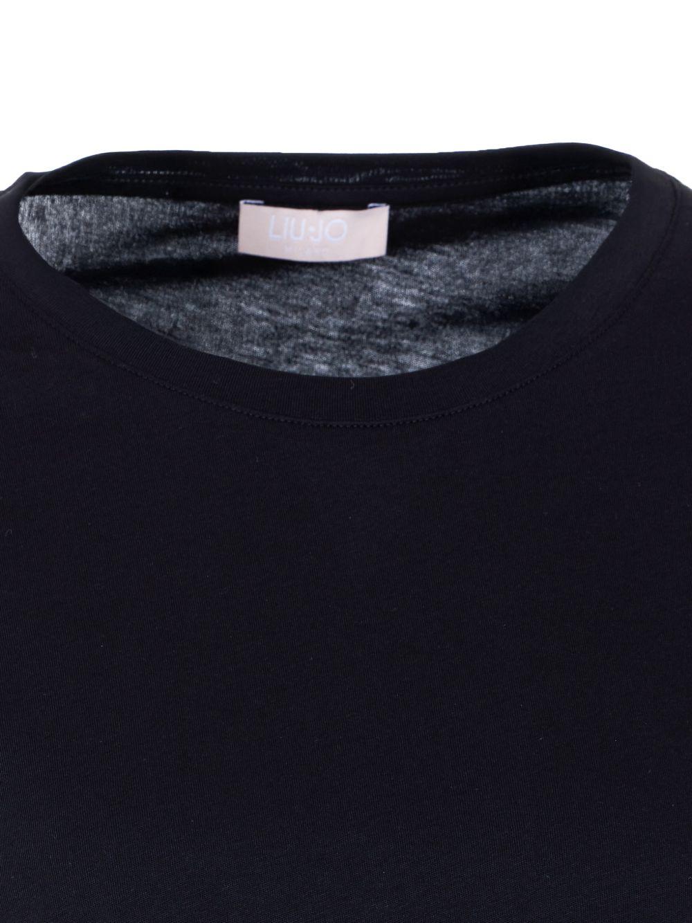 LIUJO T-shirt in cotone nero a maniche corte con decorazioni sulle maniche 