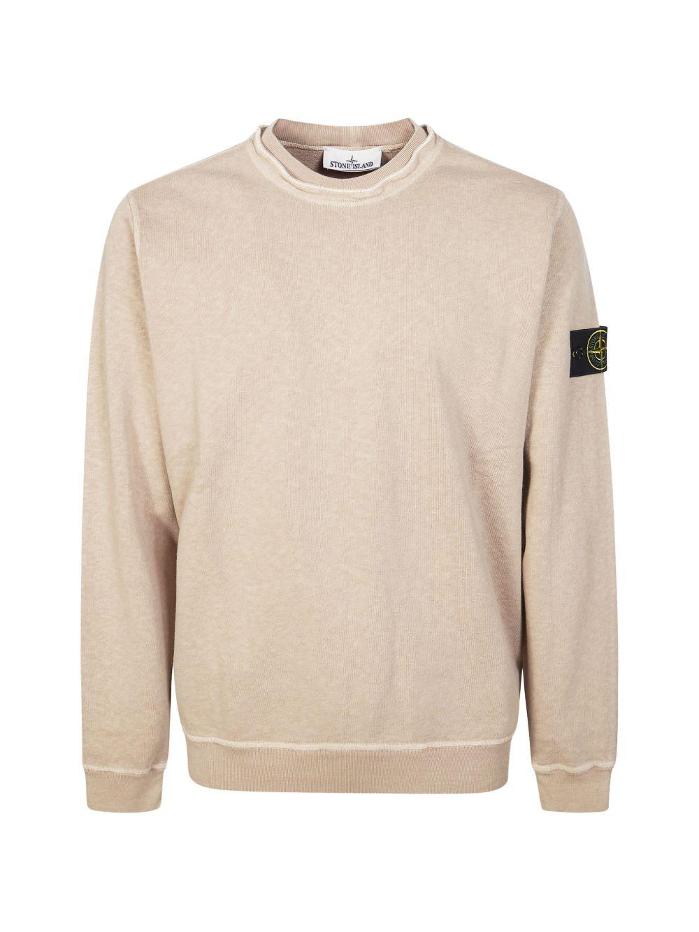 STONE ISLAND Felpa in cotone beige girocollo con patch logo 