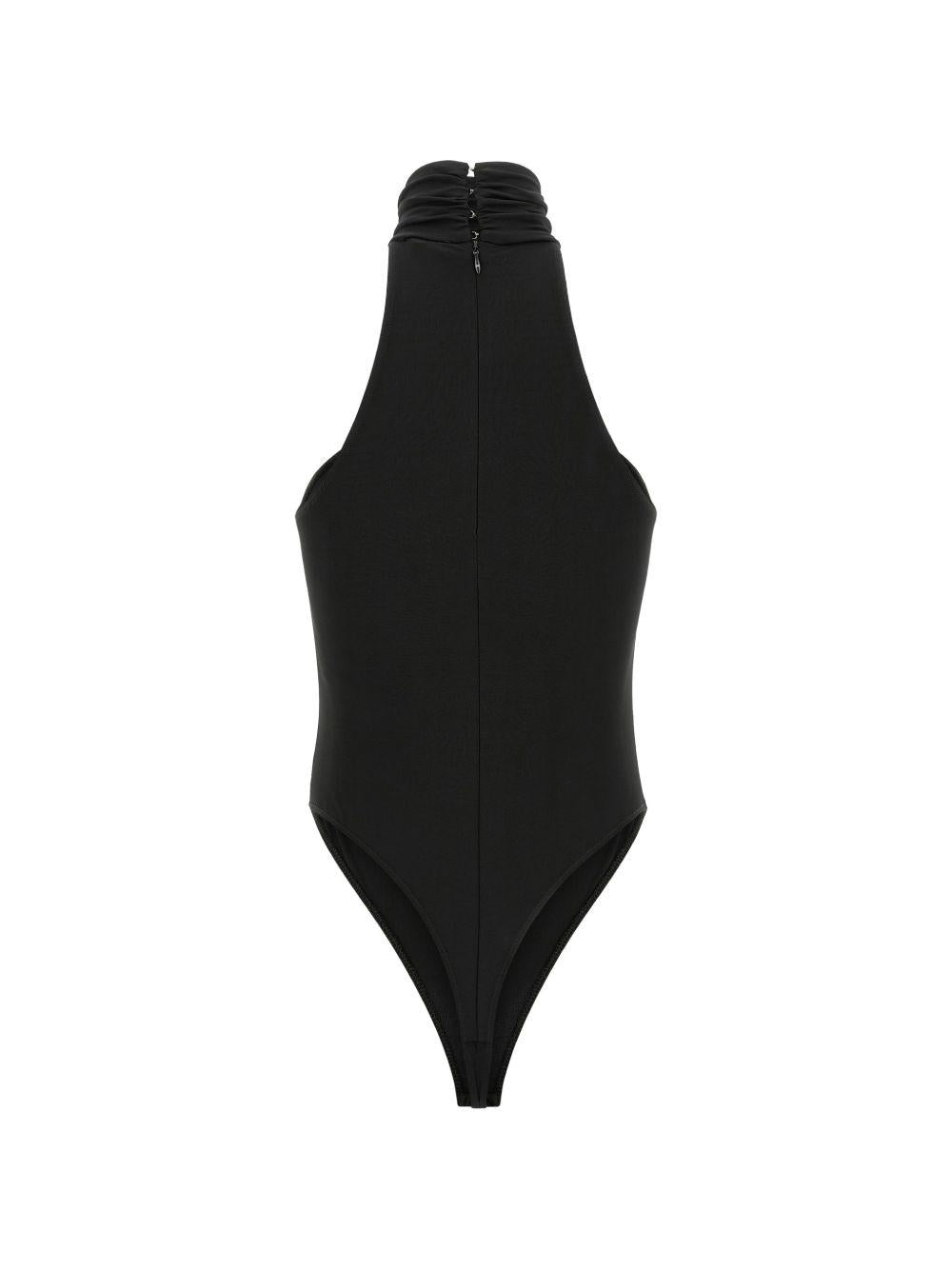 ELISABETTA FRANCHI Body a collo alto con dettagli drappeggiati e gioiello 