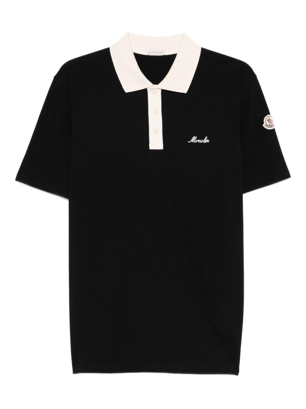 MONCLER Polo in cotone nero con colletto a contrasto 