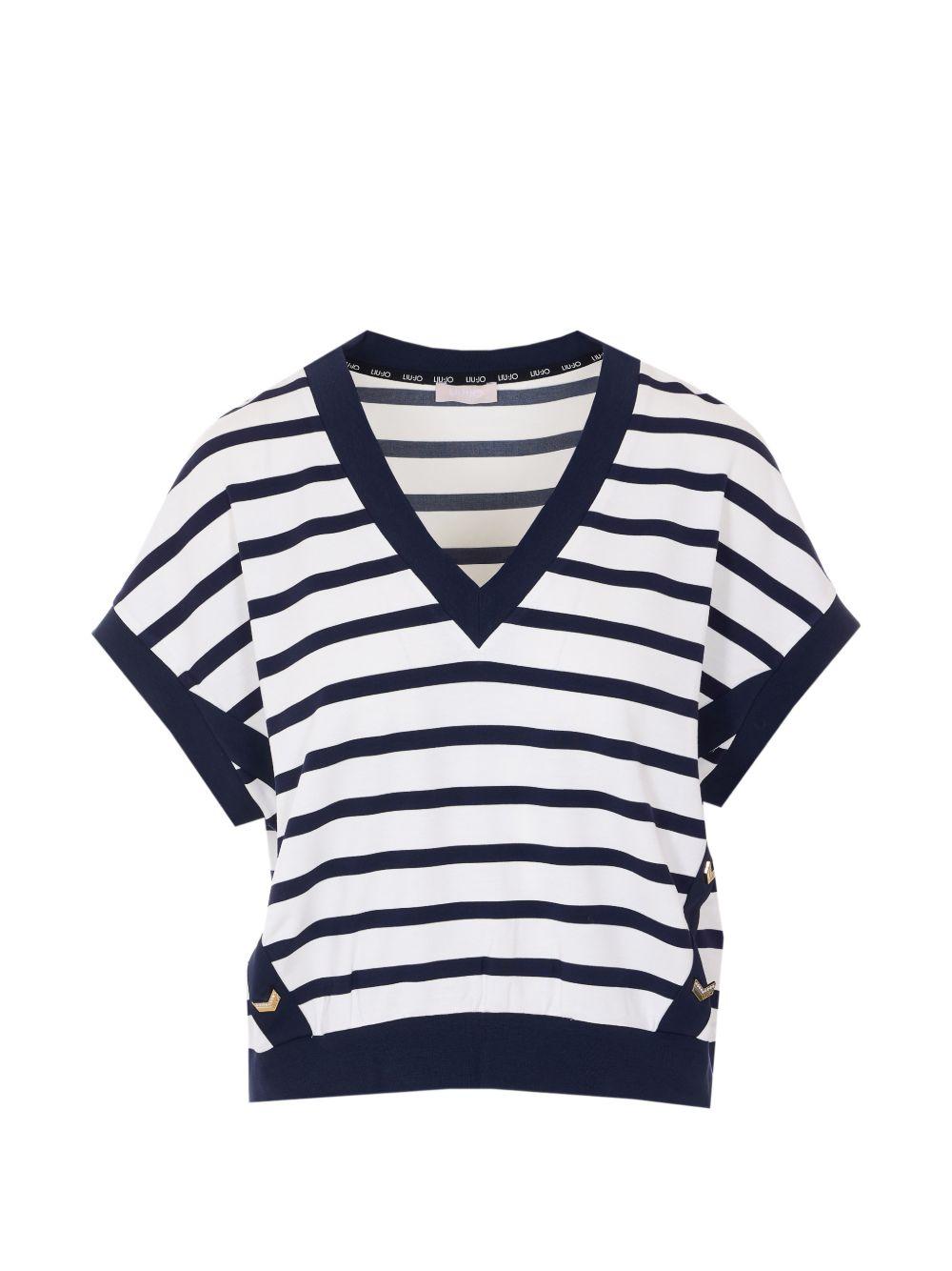 LIUJO T-shirt bianca e blu a scollo a V 