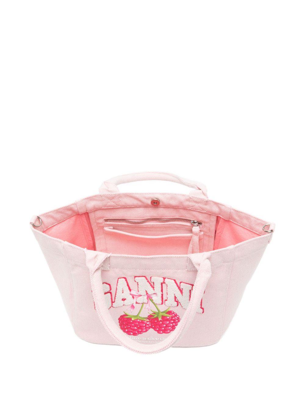 GANNI Borsa shopping rosa con logo e illustrazione grafica 
