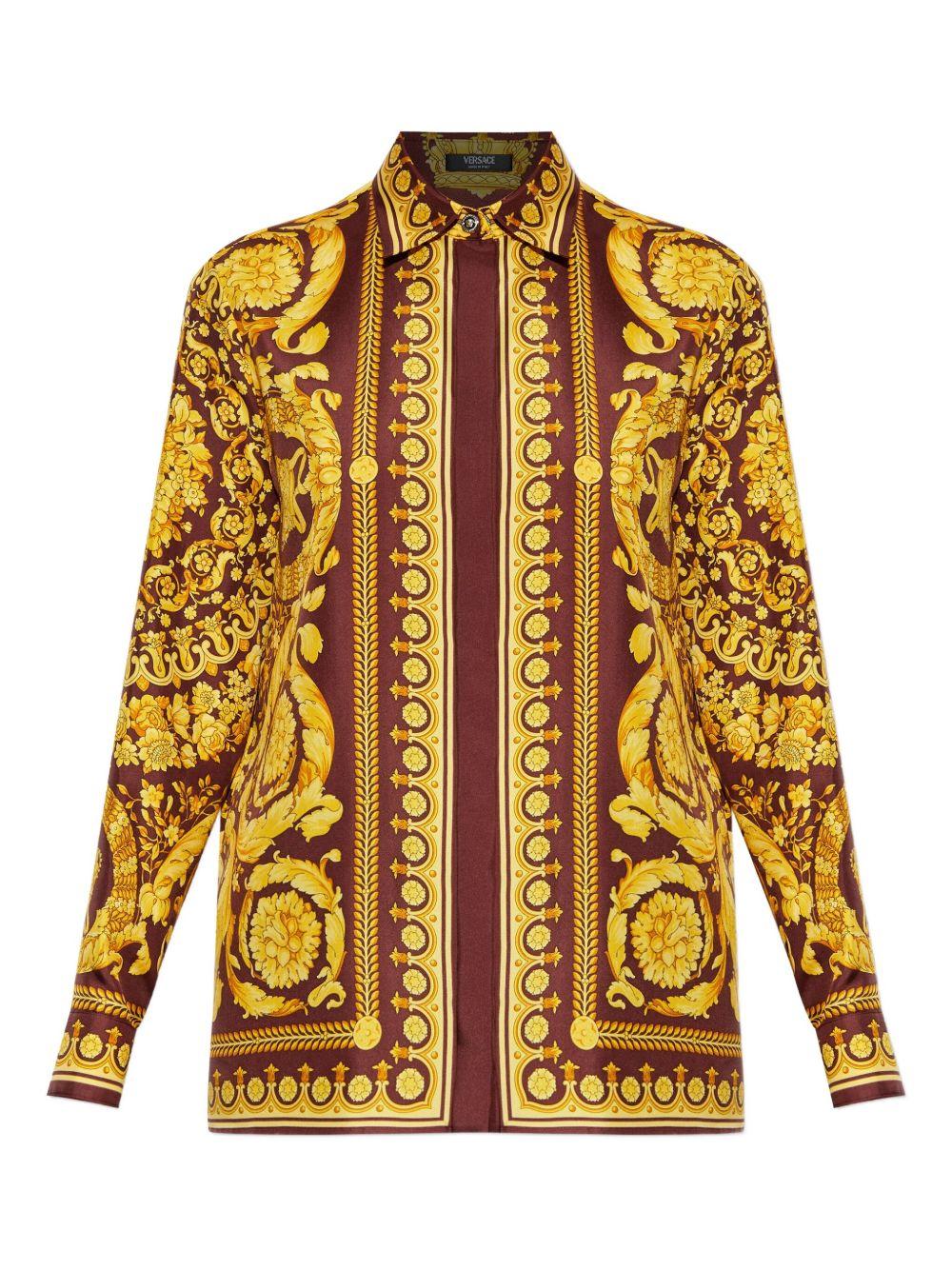 VERSACE Camicia marrone e gialla in seta con stampa 