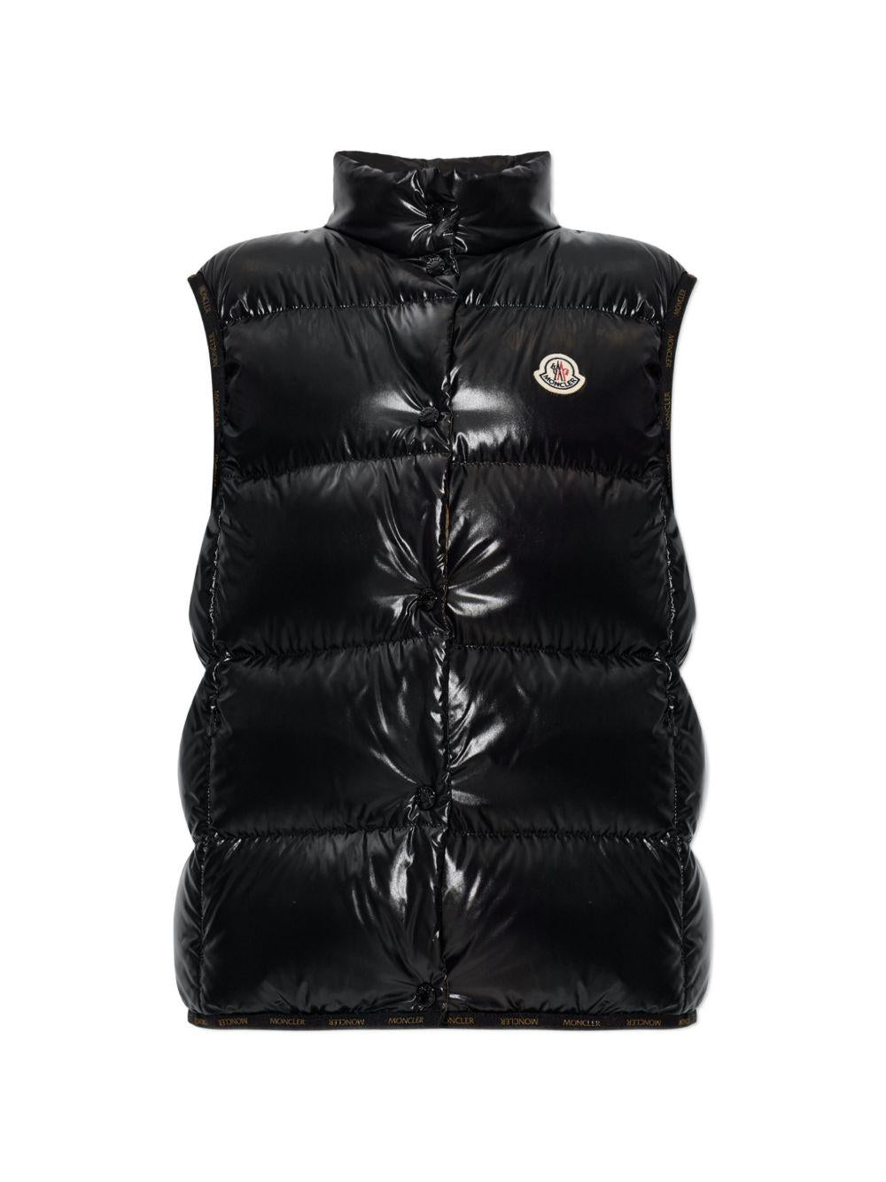 MONCLER Gilet imbottito nero lucido con collo alto 
