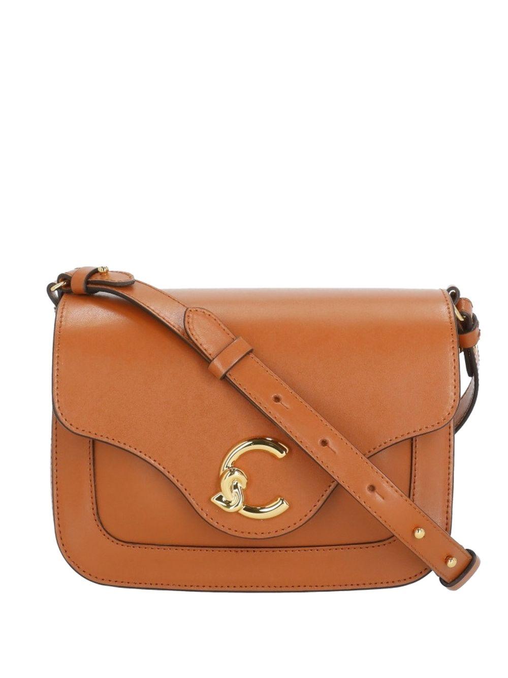 COCCINELLE Borsa a tracolla in pelle marrone con placca logo 