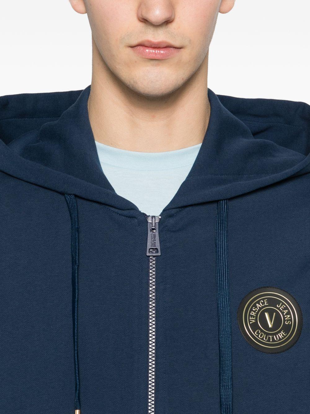 VERSACE JEANS COUTURE Felpa in cotone blu con cappuccio e zip 