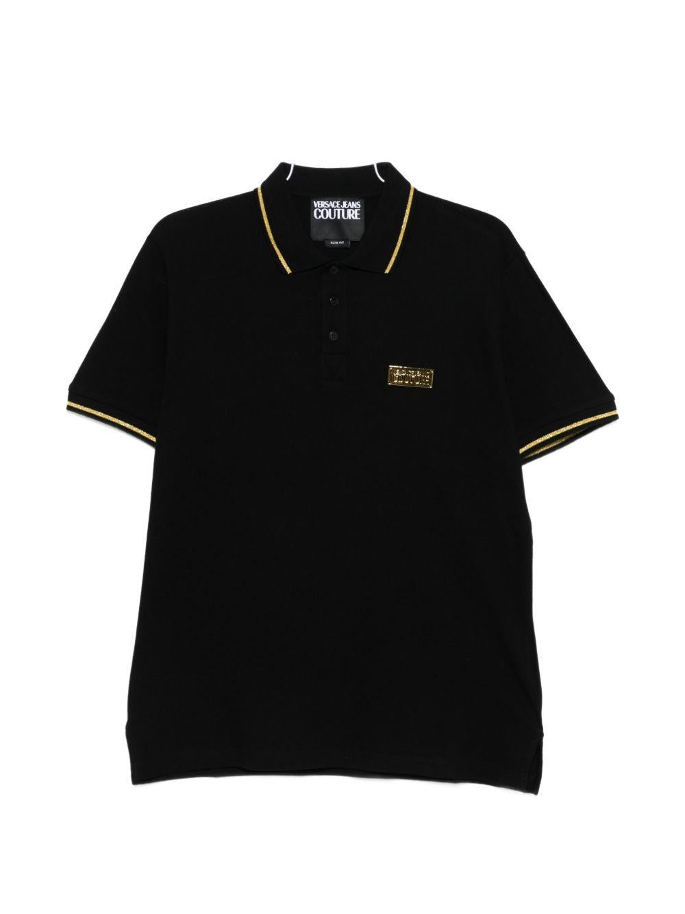 VERSACE JEANS COUTURE Polo nera con bordo a coste e logo 