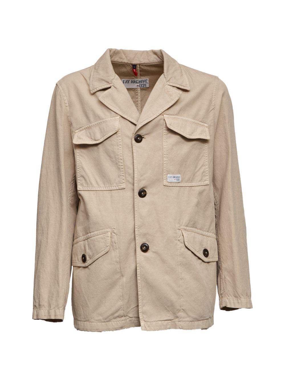 FAY Giacca in cotone beige con tasche applicate 