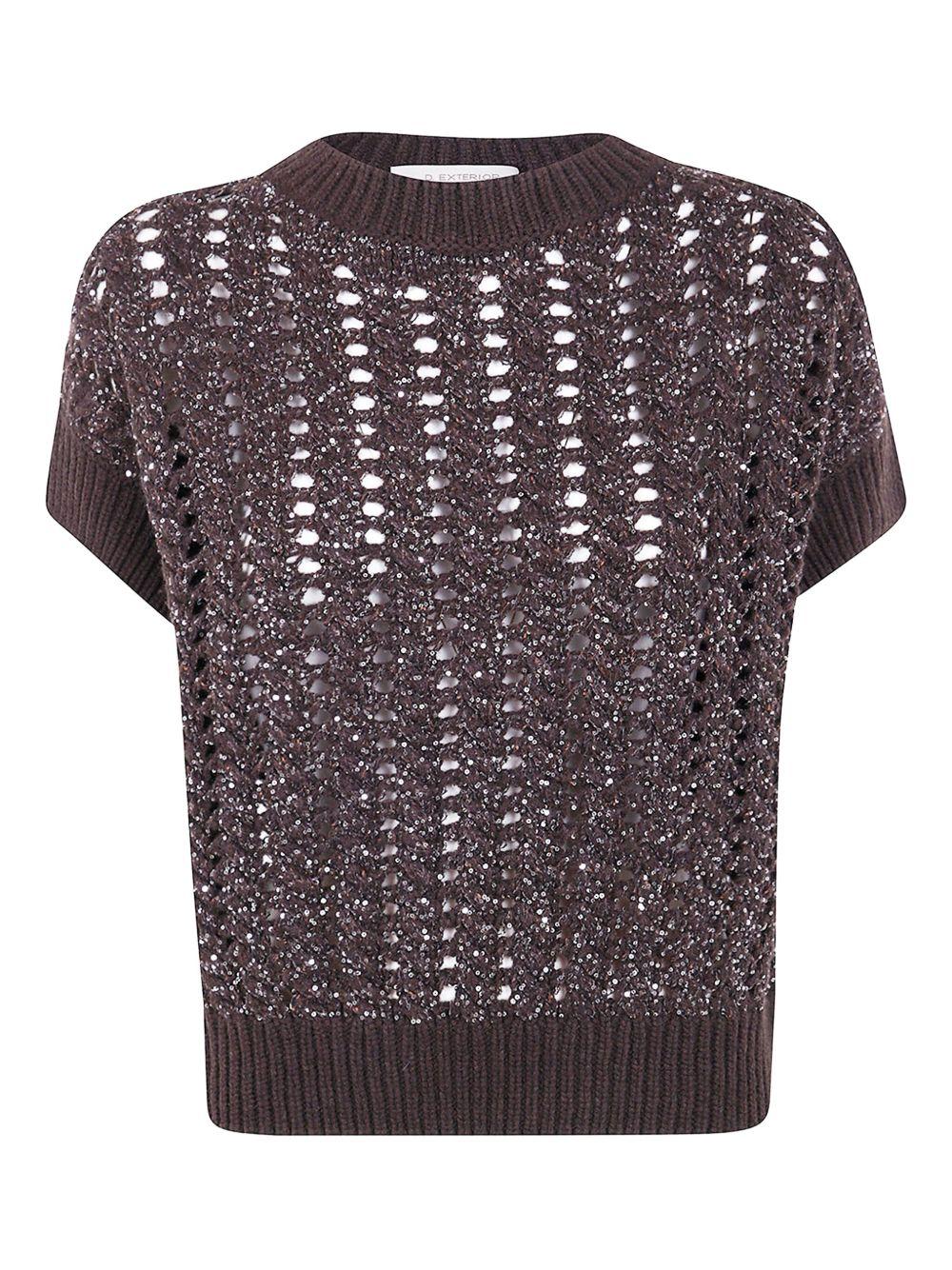 D EXTERIOR Maglia marrone scuro a maniche corte con paillettes 