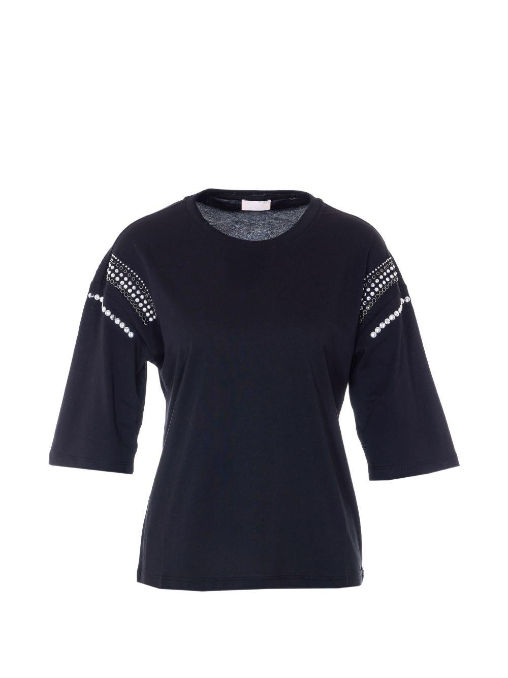 LIUJO T-shirt in cotone nero a maniche corte con decorazioni sulle maniche 