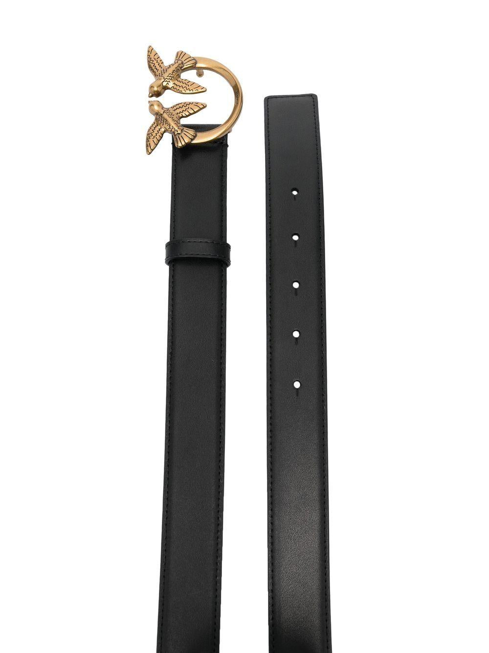PINKO Cintura in pelle nera con logo oro 
