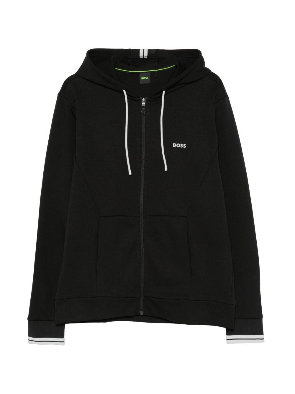 BOSS Felpa nera con cappuccio e zip in cotone 