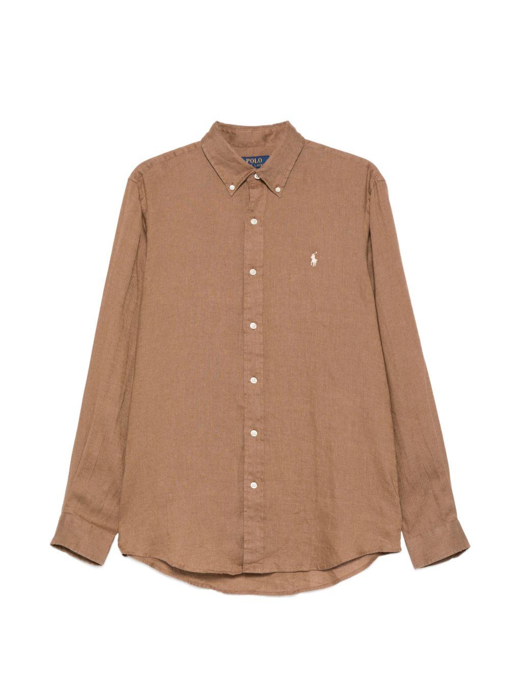 POLO RALPH LAUREN Camicia marrone con logo ricamato sul petto 