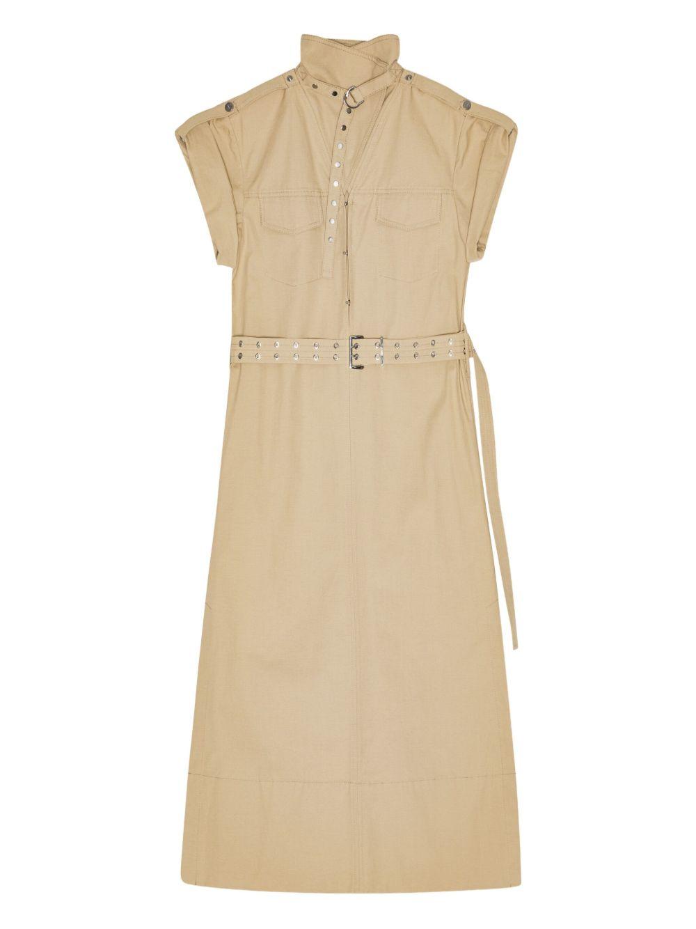 GANNI Abito midi chemisier in cotone misto lino beige 