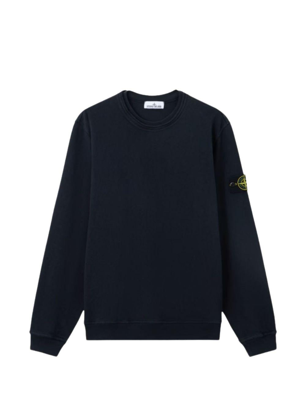 STONE ISLAND Felpa in cotone blu girocollo con patch logo 
