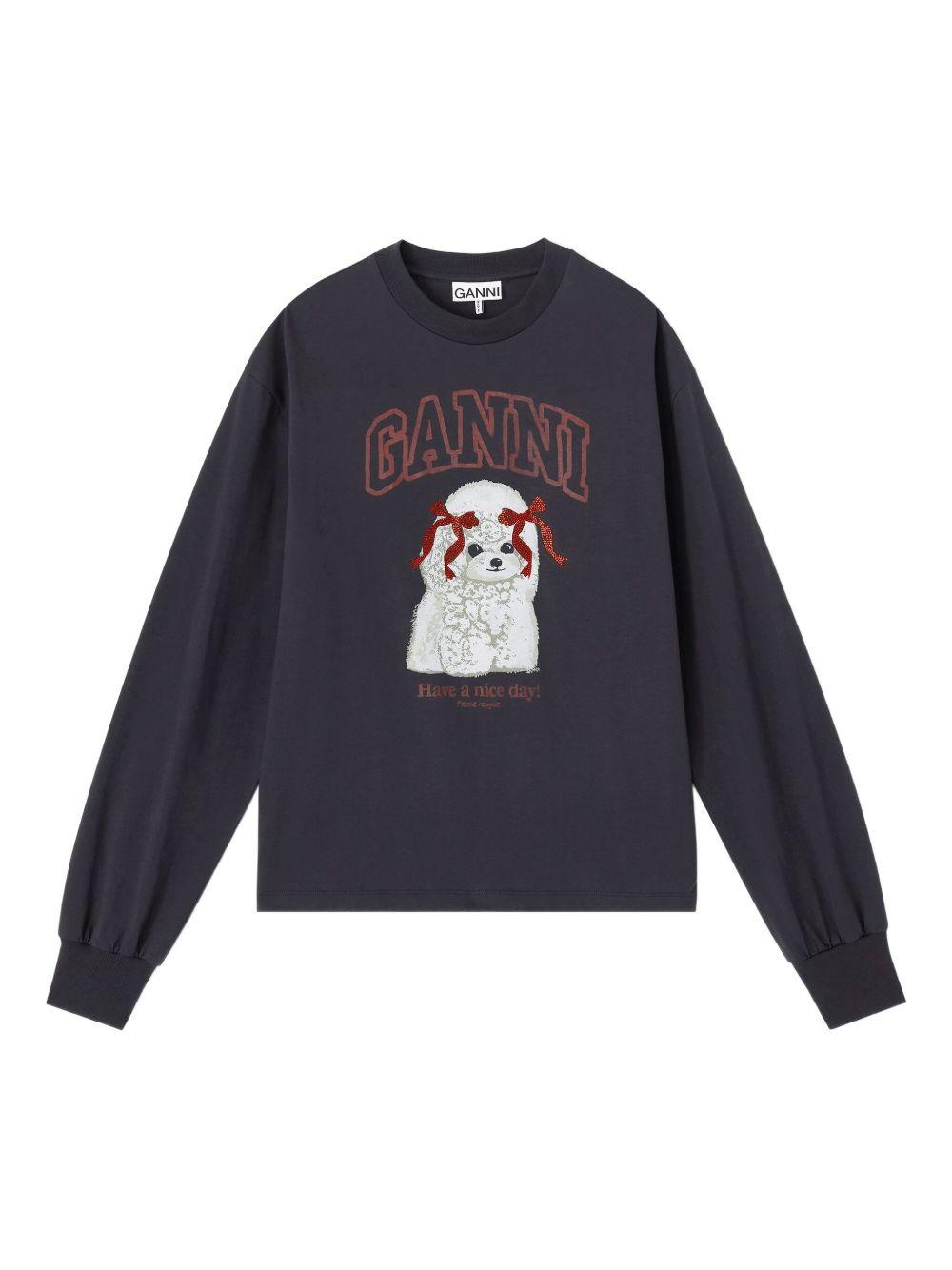 GANNI T-shirt in cotone a maniche lunghe con stampa cane 