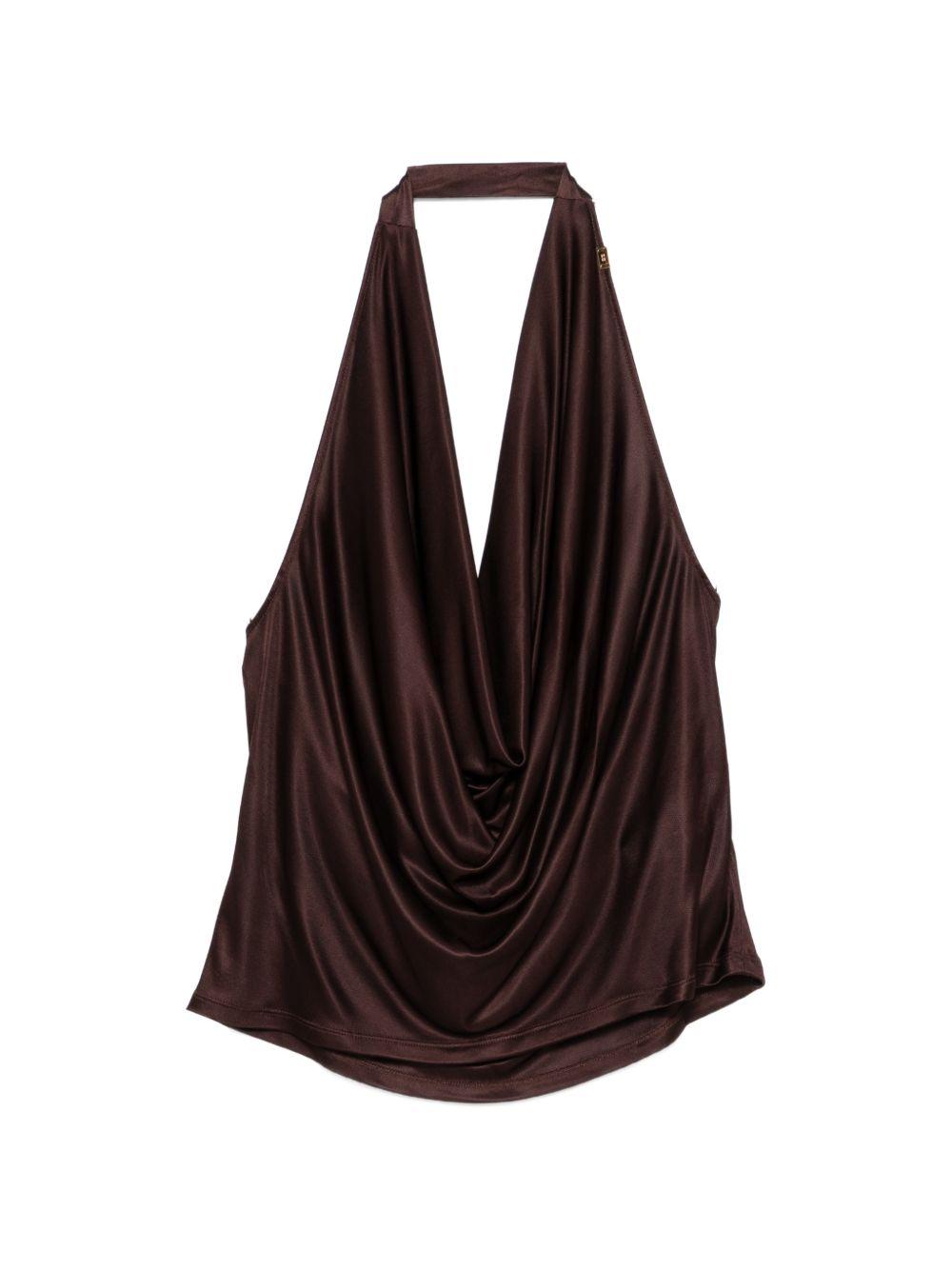 ELISABETTA FRANCHI Top marrone lucido con scollo morbido 