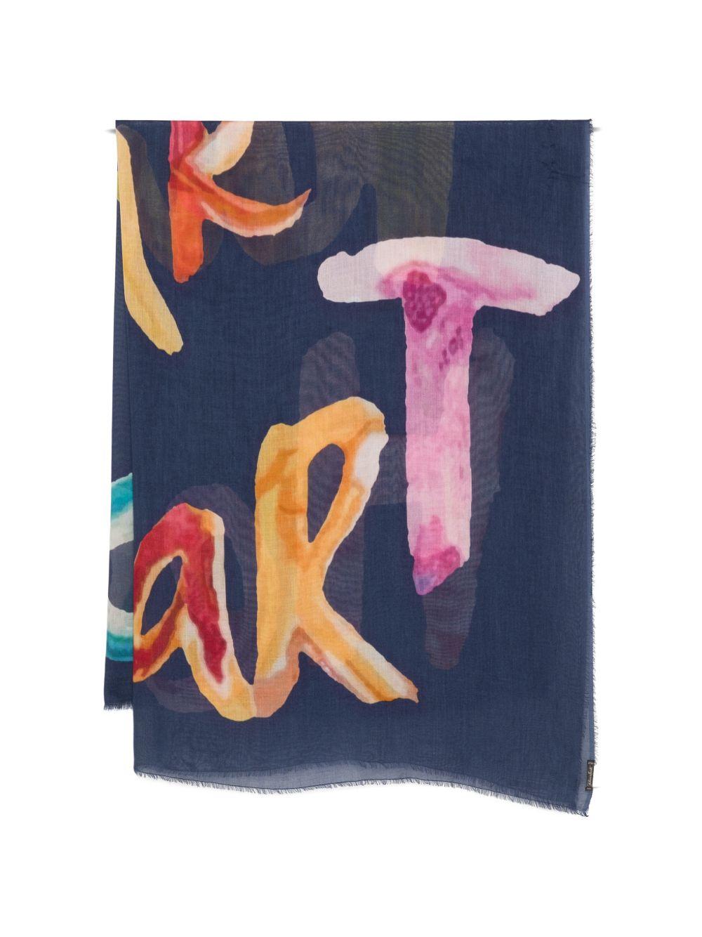 FALIERO SARTI Sciarpa foulard blu con stampa tipografica multicolore 