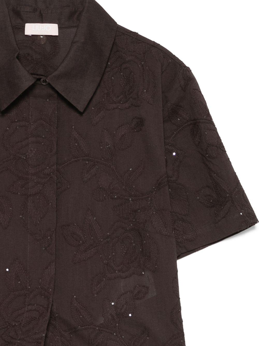 LIUJO Camicia corta con ricami floreali in rilievo marrone 