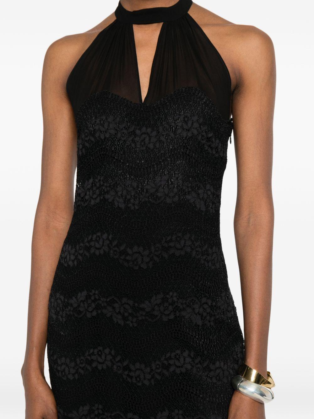 TWINSET Abito lungo nero semi trasparente con fiori ricamati 