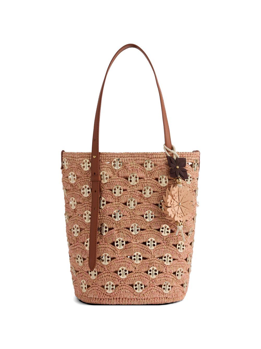 RABANNE Borsa Bucket grande in rafia beige e color pesca con dischi d'oro firmati 1969 