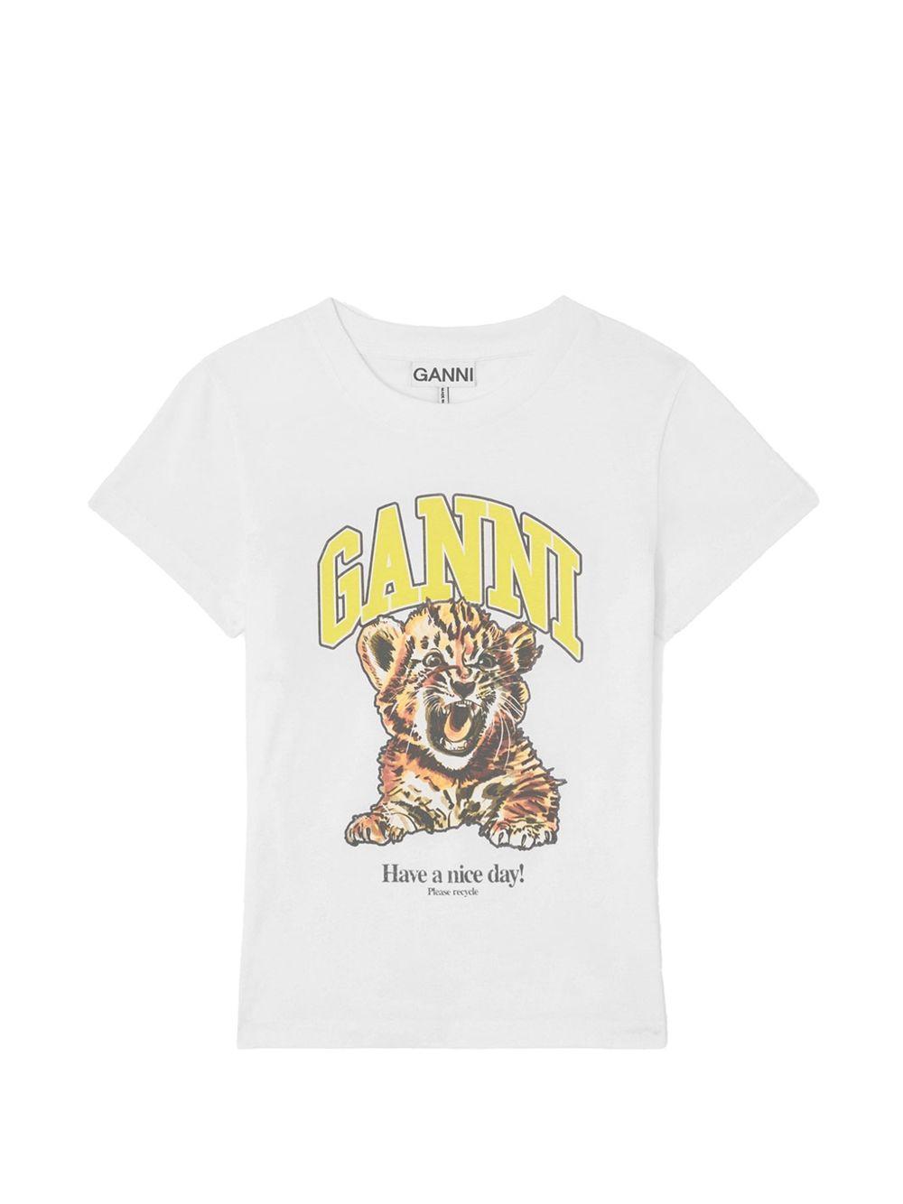 GANNI T-shirt bianca con stampa e logo girocollo 