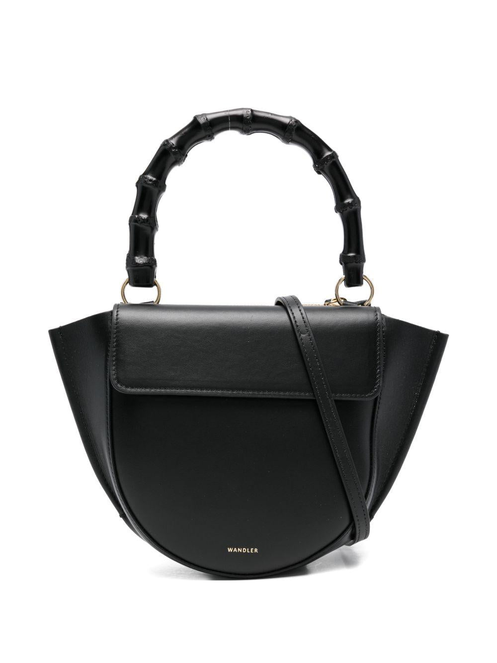 WANDLER Borsa a mano mini Hortansia nera con manico bamboo 