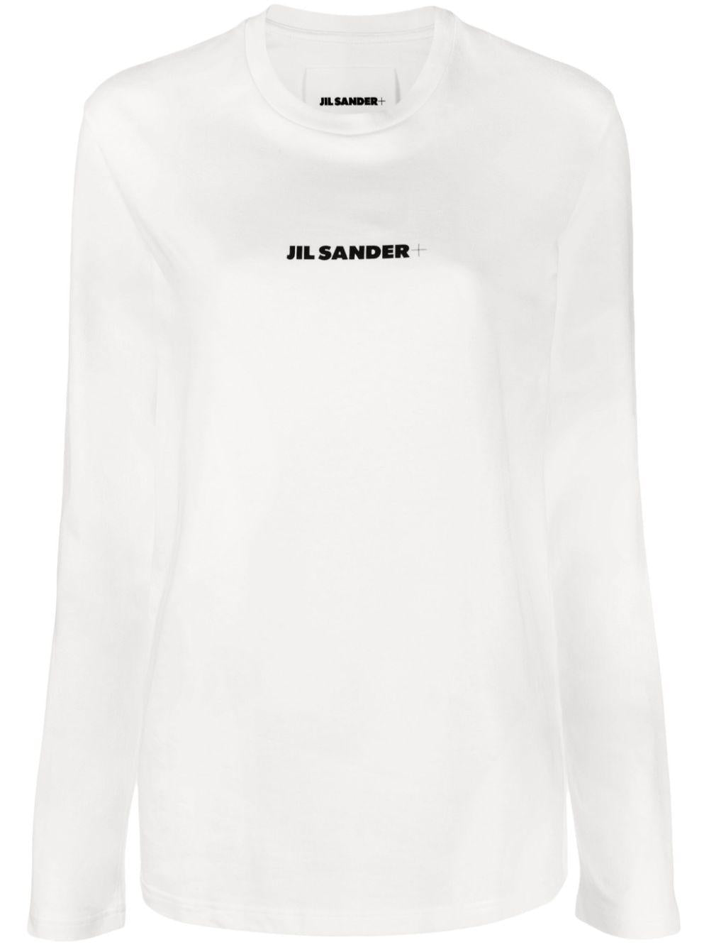 JIL SANDER T-shirt bianca in cotone con logo nero a maniche lunghe 