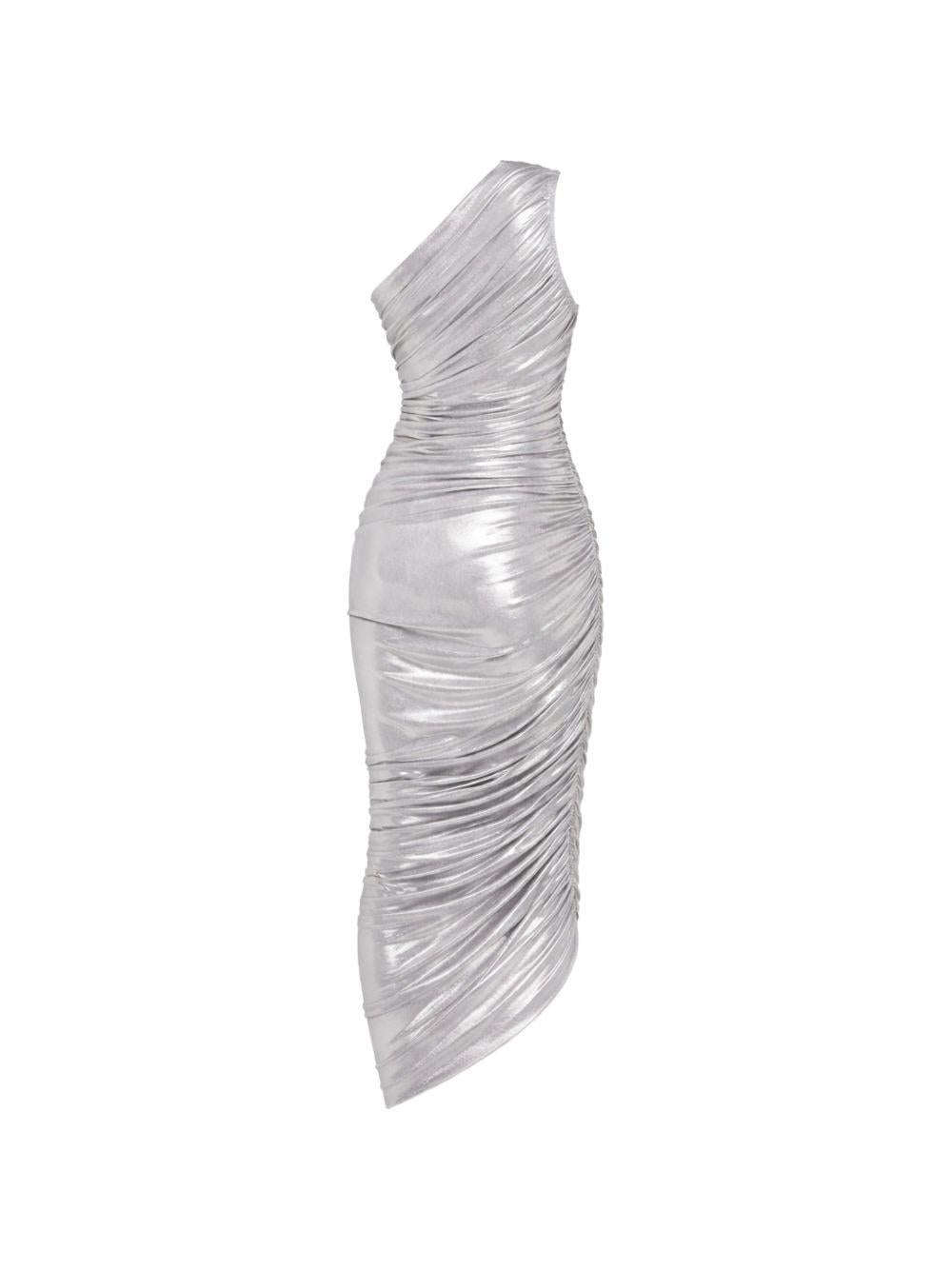 NORMA KAMALI Abito midi Diana Gown argento drappeggiato monospalla 